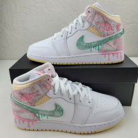 Кроссовки Nike Air Jordan 1 Mid Gs Paint Drip белые с розовым